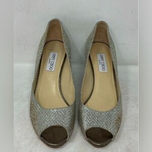 JIMMY CHOO Metallic Champagne Glitter Baxen Peep Toe Wedge DESIGNER Shoes 40.5